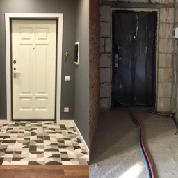 Yaroslav Pass Sp. z o.o. - Porównanie: Wykończone wejście z białą, panelową drzwiami i geometryczną posadzką zestawione z surowym stanem z czarnymi drzwiami zabezpieczonymi folią i widocznymi przewodami.