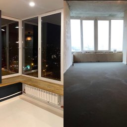 Yaroslav Pass Sp. z o.o. - Porównanie balkonu przed i po remoncie: surowy beton i gołe ściany kontra przeszklona przestrzeń z drewnianym blatem, grzejnikiem i widokiem na nocne miasto.