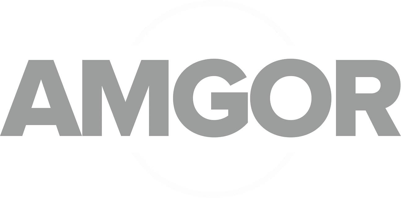 Szare litery AMGOR na białym tle z delikatnym, okrągłym cieniem w tle.