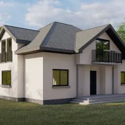 Wizualizacja dwukondygnacyjnego domu jednorodzinnego z dwoma balkonami, szarą dachówką i czarną stolarką okienną, otoczonego zielenią.