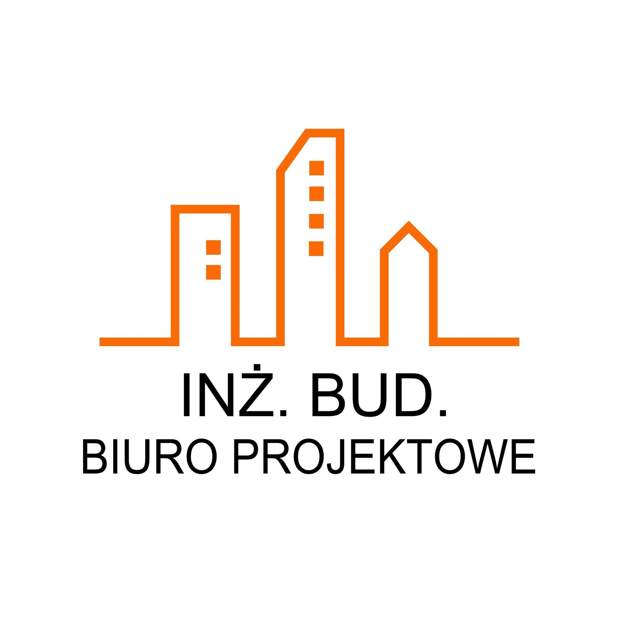 Pomarańczowe logo biura projektowego inżyniera budownictwa z uproszczonym symbolem trzech budynków na białym tle.