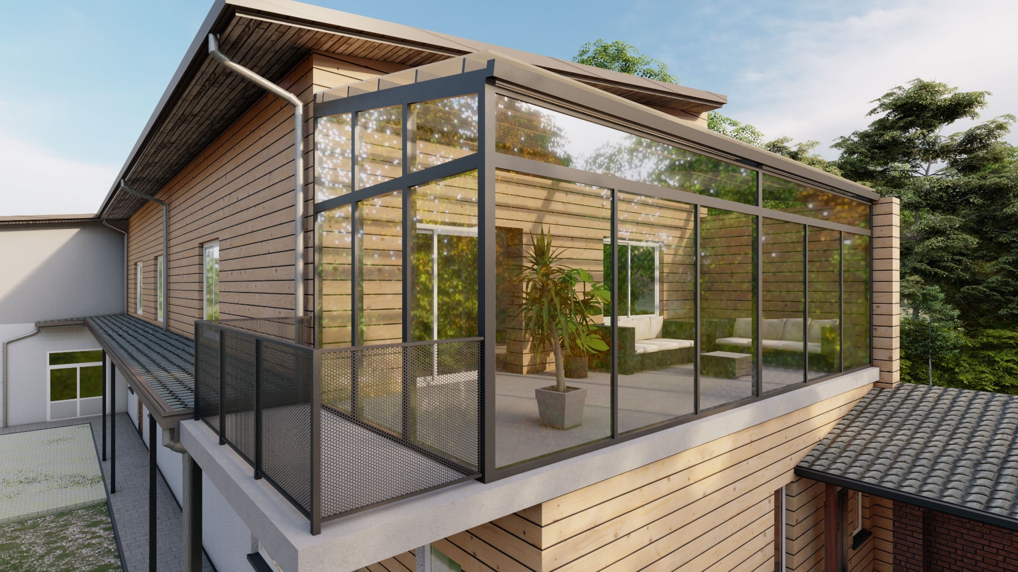 Szklana weranda z drewnianą elewacją, widok z zewnątrz, z rośliną w donicy w środku i meblami wypoczynkowymi.