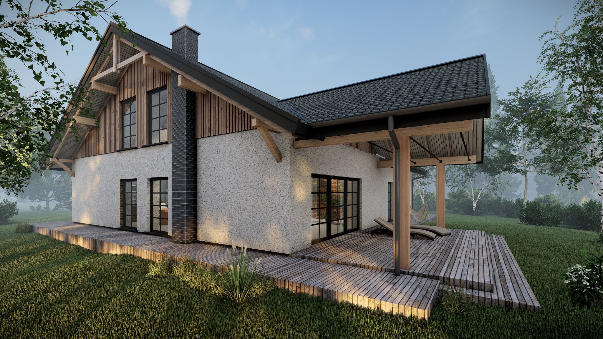 Wizualizacja domu jednorodzinnego z drewnianą elewacją, czarnym kominem z cegły i tarasem z leżakami, otoczonego zielenią.