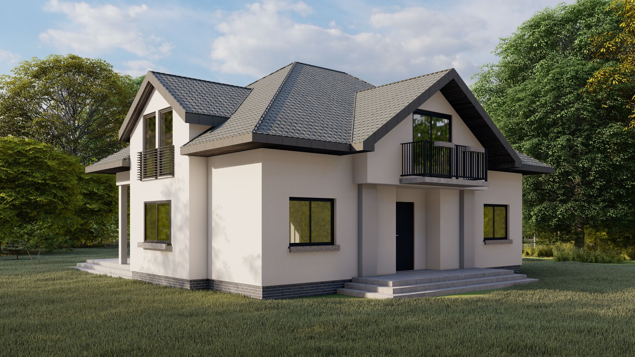 Wizualizacja dwukondygnacyjnego domu jednorodzinnego z dwoma balkonami, szarą dachówką i czarną stolarką okienną, otoczonego zielenią.
