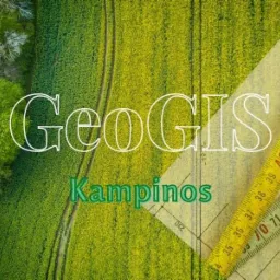 Geodezyjna wizualizacja: Lotnicze zdjęcie terenu Kampinos, nakładka z napisem GeoGIS i fragment planu architektonicznego z miarkami.