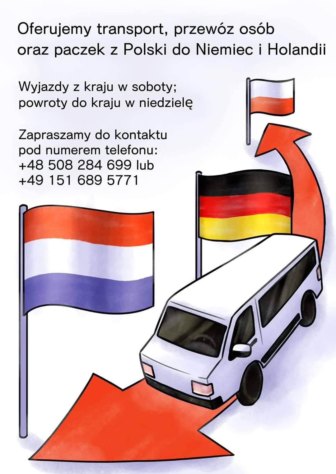 Ilustracja przedstawiająca białego busa, flagi Polski, Niemiec i Holandii oraz czerwoną strzałkę, sugerująca kierunek podróży, z tekstem informującym o transporcie i przewozie osób z Polski...