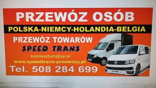 Pomarańczowa reklama firmy Speed Trans oferującej przewóz osób i towarów do Polski, Niemiec, Holandii i Belgii, z widocznymi dwoma białymi busami.