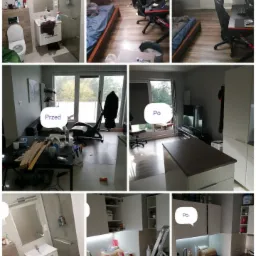 Zestawienie zdjęć 'przed' i 'po' prezentujące efekty porządkowania i czyszczenia różnych pomieszczeń: łazienki, pokoju z biurkiem gamingowym, salonu z balkonem i kuchni.