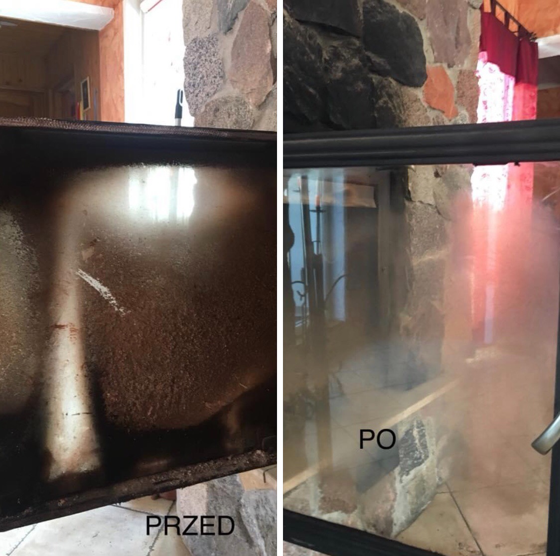 Zdjęcie porównawcze: brudne okno kominkowe przed i po czyszczeniu, widoczny efekt pracy.