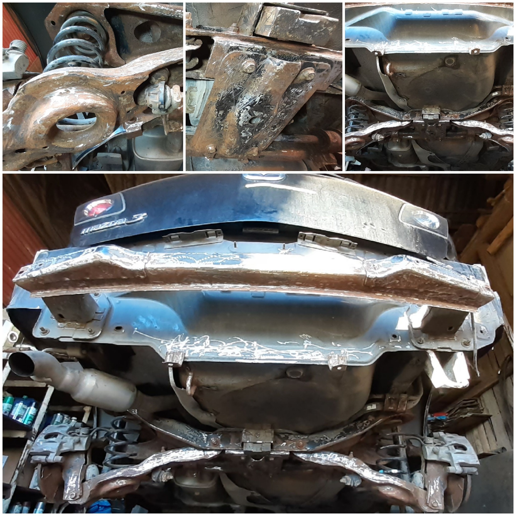 Podwozie samochodu Mazda 3 z widocznymi elementami zawieszenia, układu wydechowego i fragmentami karoserii, ukazujące ślady korozji i wcześniejszych napraw spawalniczych.