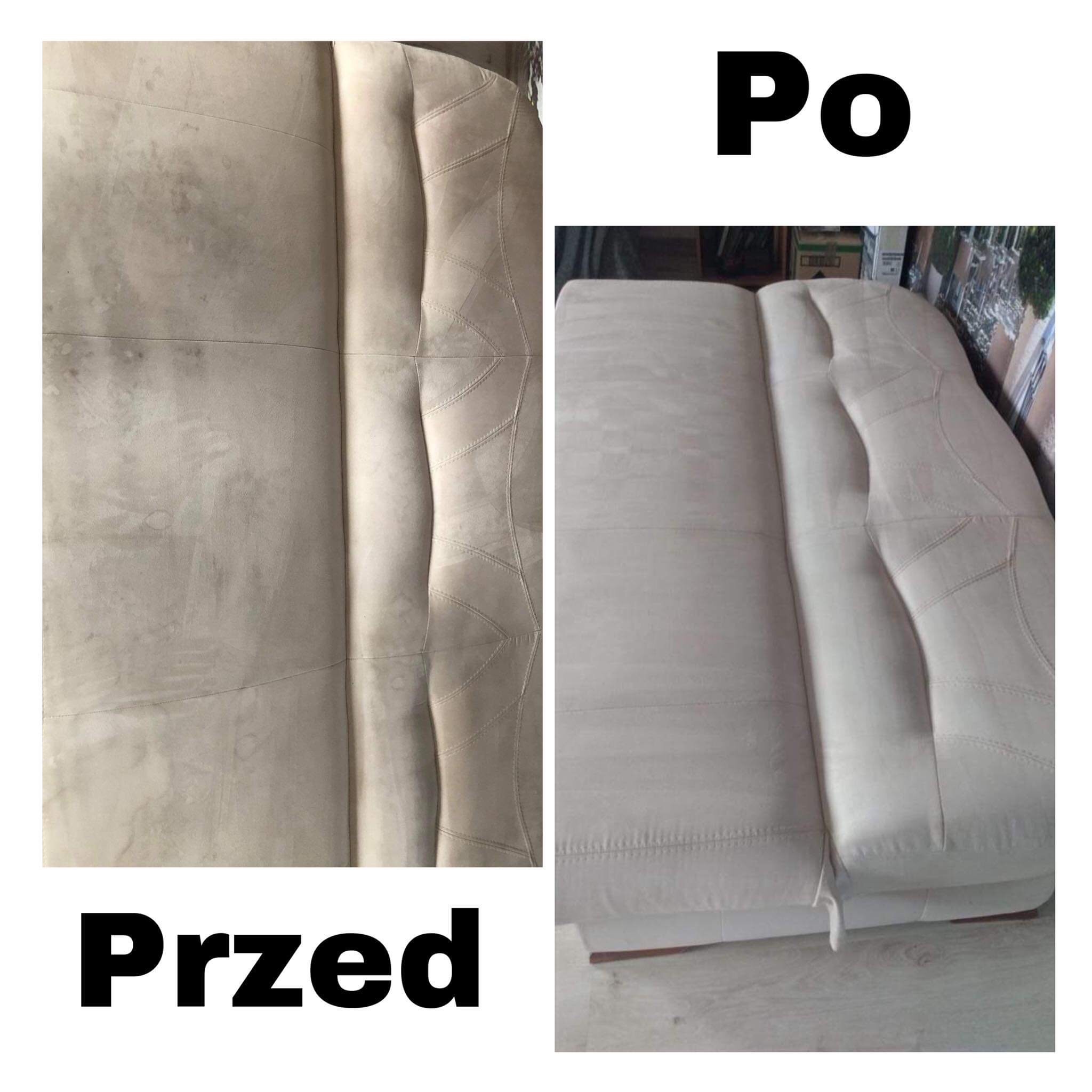 Beżowa kanapa z tapicerką z widocznymi zabrudzeniami po lewej stronie i czystą powierzchnią po prawej, ujęcie typu 'przed i po', z napisem 'Przed' i 'Po'.