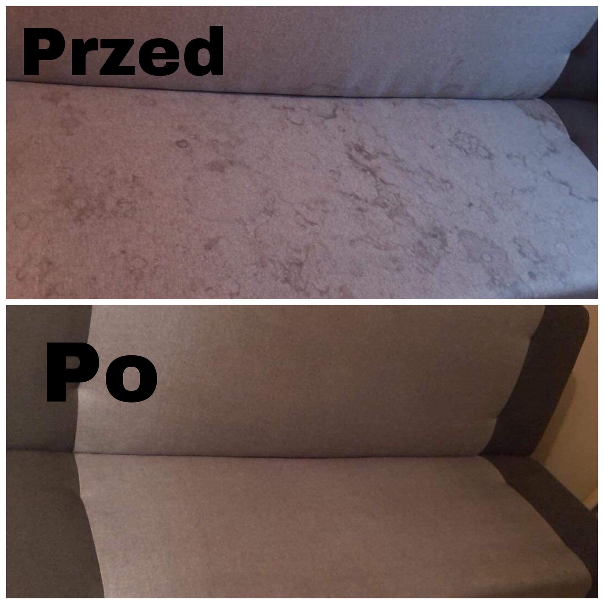 Porównanie stanu kanapy przed i po czyszczeniu, widoczne plamy i zabrudzenia usunięte, tkanina w kolorze szaro-brązowym.