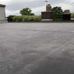 Płaski dach pokryty czarną membraną bitumiczną, widoczne kominy i elementy wentylacyjne na tle zieleni i pochmurnego nieba.