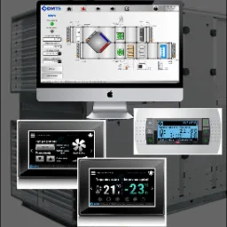Ekran monitora z wizualizacją schematu centrali wentylacyjnej HVAC, otoczony przez panele sterowania z wyświetlanymi parametrami pracy systemu, w tym temperaturą zadaną i regulowaną, trybem pracy...