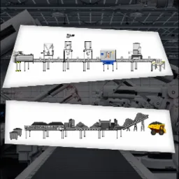 Schemat automatycznej linii produkcyjnej z podziałem na dwa etapy: obróbka surowców sypkich i proces pakowania, umieszczony na tle hali przemysłowej z widocznymi elementami robotyki i oświetlenia.
