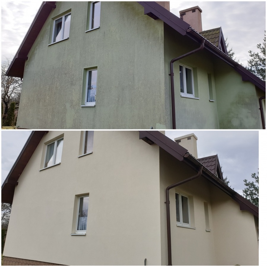 Dom jednorodzinny przed i po odświeżeniu elewacji, widoczne różnice w kolorze i czystości ścian zewnętrznych, dachówka w kolorze brązowym.