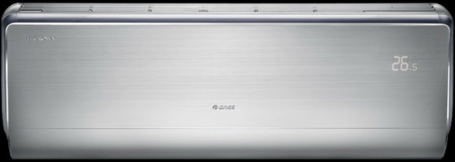 Srebrny klimatyzator marki Gree z wyświetlaną temperaturą 26.5 stopni Celsjusza, widoczne logo Gree i napis LECROWN.