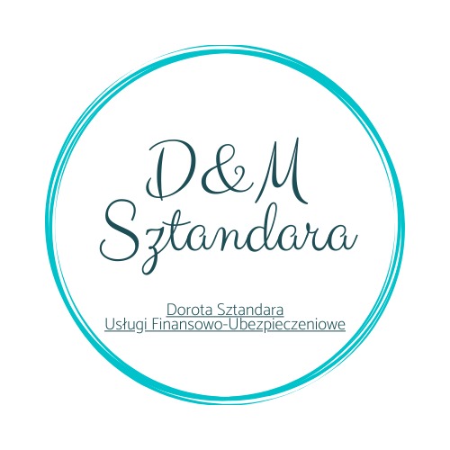 Logo firmy 'D&M Sztandara' z dopiskiem 'Dorota Sztandara Usługi Finansowo-Ubezpieczeniowe', umieszczone w turkusowym okręgu.