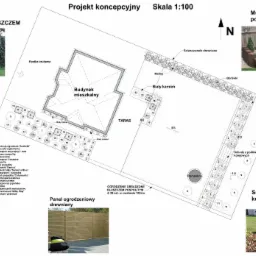 Projekt koncepcyjny ogrodu w skali 1:100, z zaznaczonym budynkiem mieszkalnym, tarasem, ogrodzeniem obsadzonym bluszczem, panelami drewnianymi, murem oporowym z podkładów kolejowych i schodami...