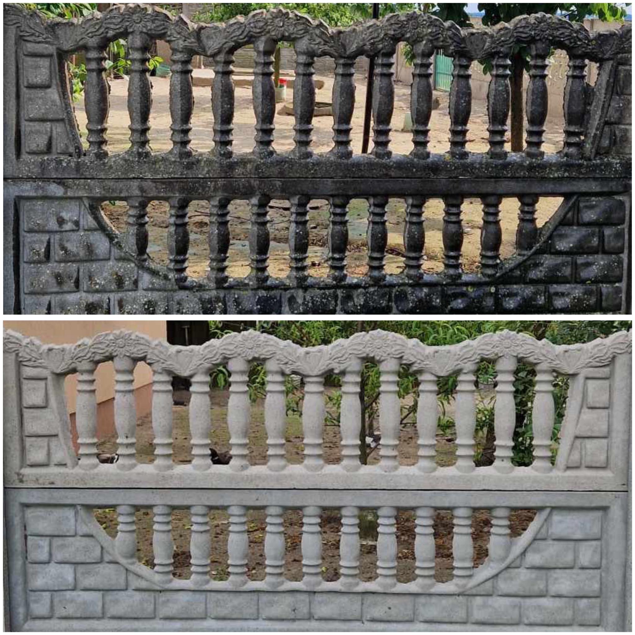 Zdjęcie 'przed i po' czyszczenia betonowego ogrodzenia z dekoracyjnymi elementami. Górna część jest brudna, dolna czysta, ukazując efekt odświeżenia.