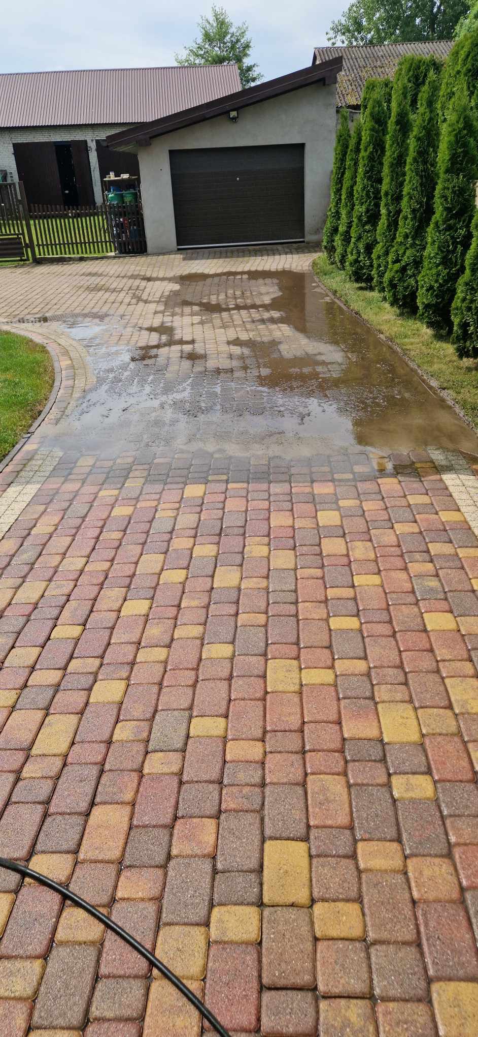 Częściowo umyta, mokra kostka brukowa w odcieniach czerwieni i żółci na podjeździe. W tle budynek z garażem i rząd tuj. Widoczny wąż ciśnieniowy.