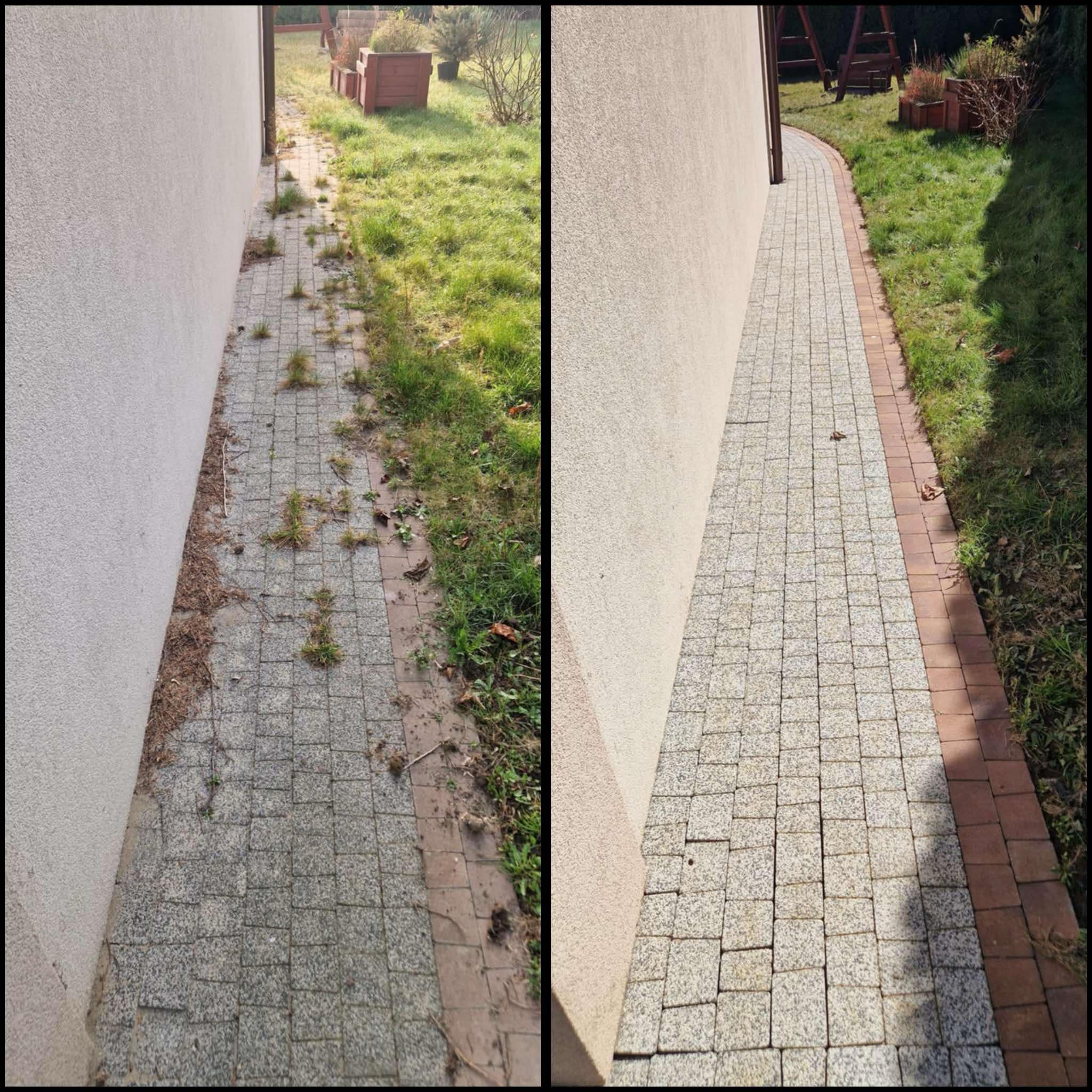 Porównanie kostki brukowej przed i po czyszczeniu: po lewej zaniedbana, po prawej świeżo umyta, z widoczną różnicą w kolorze i brakiem zabrudzeń.