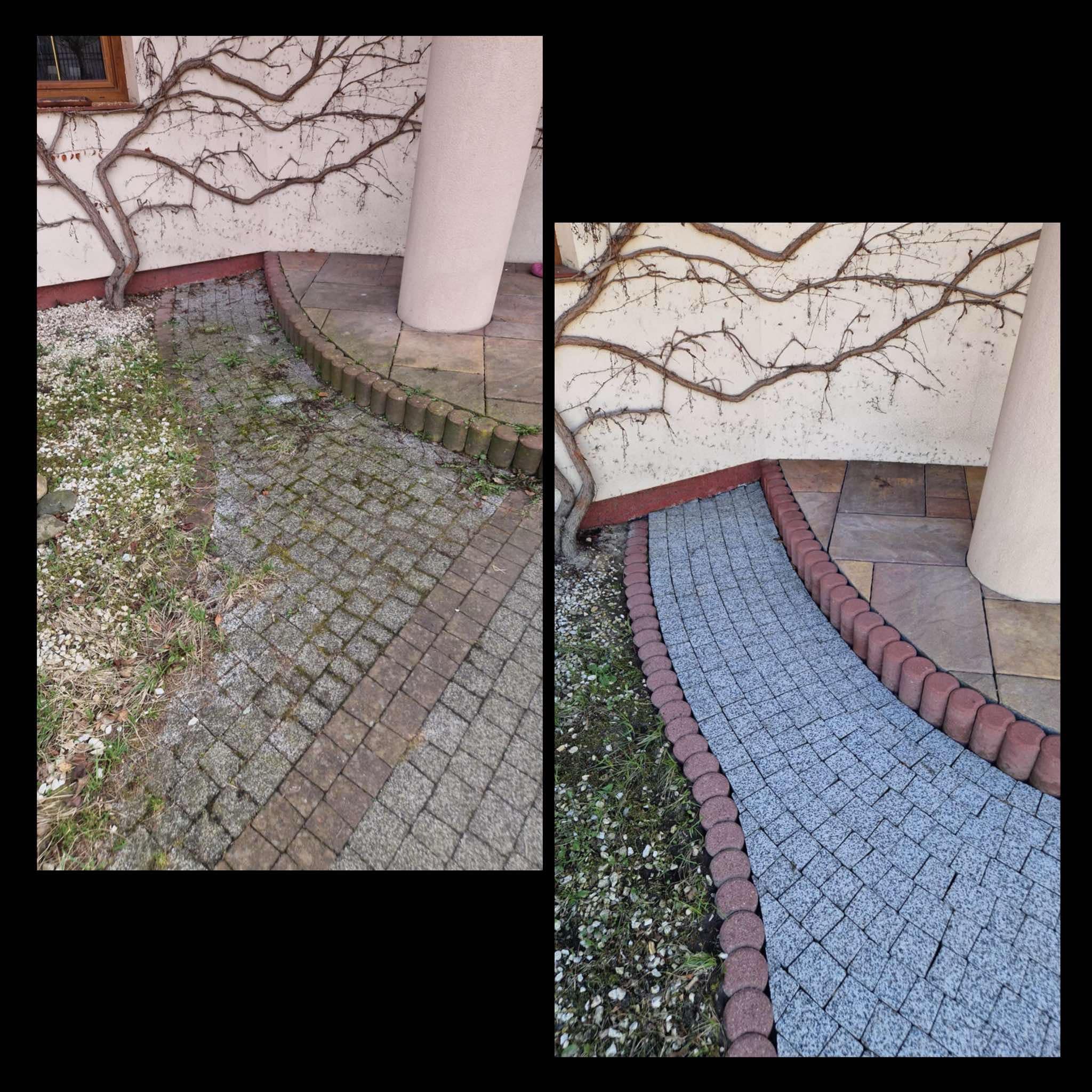 Kostka brukowa przed i po czyszczeniu, z widoczną różnicą w kolorze i usuniętymi zabrudzeniami. Po lewej stronie kostka jest brudna, po prawej czysta.