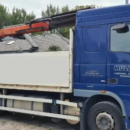 Niebieska ciężarówka DAF z pomarańczowym dźwigiem Palfinger na tle domów i drzew.