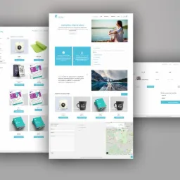 Prezentacja responsywnej strony internetowej sklepu z produktami wellness na szarym tle, widok z różnych podstron: strona główna, karta produktu, koszyk z mapą.