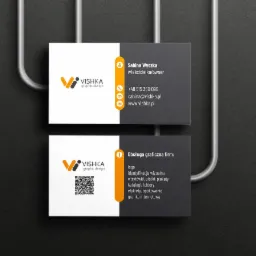 Dwie wizytówki firmy graficznej VISHKA na ciemnoszarym tle z widocznymi elementami instalacji elektrycznej. Górna wizytówka prezentuje dane kontaktowe właścicielki, dolna zawiera listę oferowanych...