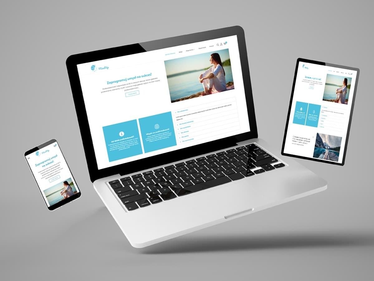 Responsywny projekt strony internetowej MindUp wyświetlony na laptopie, tablecie i smartfonie, z motywem relaksacyjnym i hasłem 'Zaprogramuj umysł na sukces!'