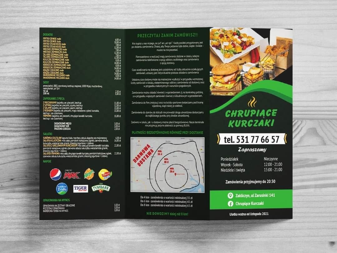 Rozkładana ulotka restauracji Chrupiące Kurczaki z Zakliczyna, prezentująca menu z frytkami, zapiekankami, sałatkami, napojami, informacjami o dostawie, godzinach otwarcia i danych kontaktowych.