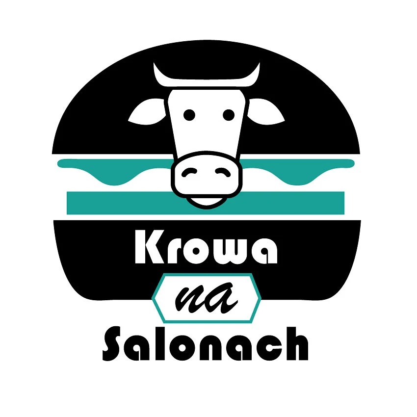 Graficzne logo w formie burgera z głową krowy, napisem 'Krowa na Salonach' w kolorystyce czarno-turkusowej.