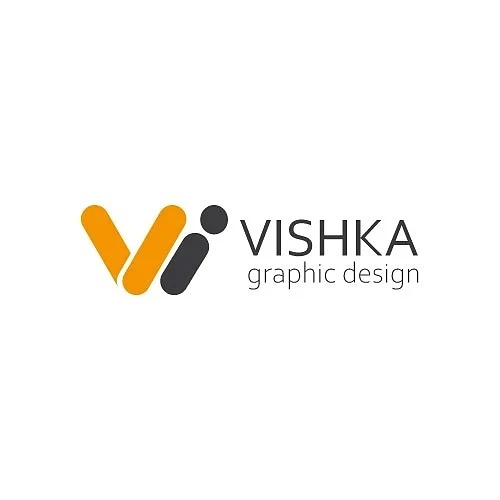 Logo firmy VISHKA graphic design z abstrakcyjnym symbolem w kolorach pomarańczowym i grafitowym na białym tle.