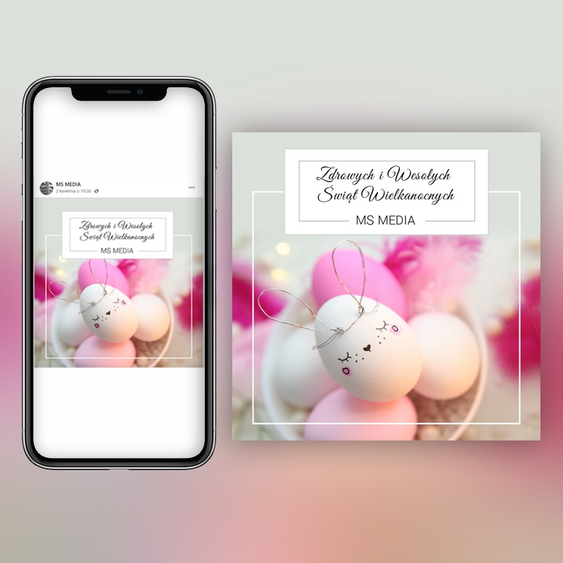 Grafika na media społecznościowe z życzeniami wielkanocnymi: jajka z uszami z drutu w pastelowych kolorach, piórka i napis 'Zdrowych i Wesołych Świąt Wielkanocnych' oraz logo MS MEDIA, widoczne...