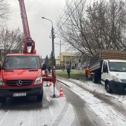 Kamil Kobyliński - Czerwony podnośnik koszowy Mercedes i biała ciężarówka Iveco na ośnieżonej ulicy podczas prac związanych z pielęgnacją drzew. Widoczni pracownicy w odblaskowych ubraniach.