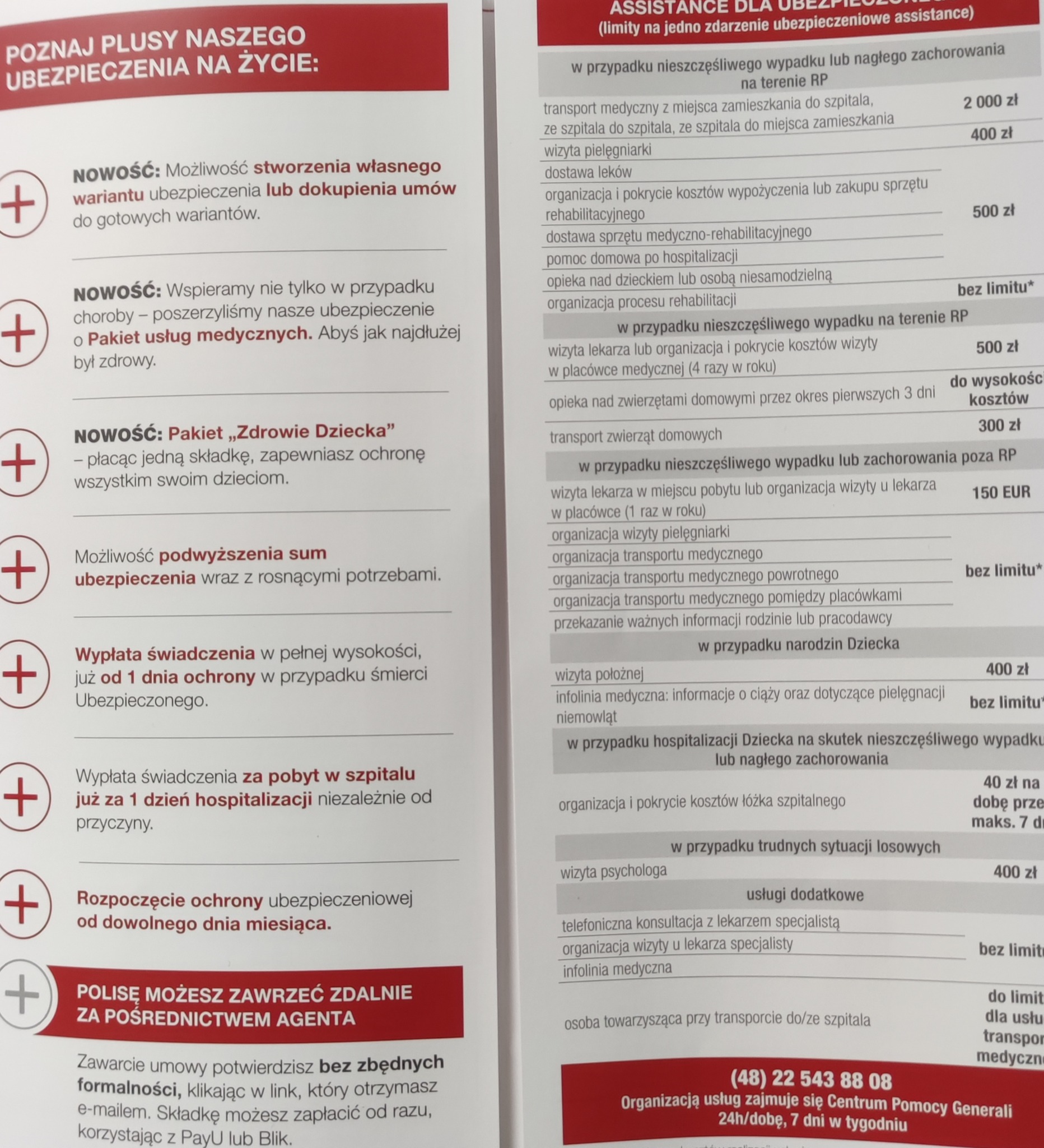 Ulotka informacyjna o ubezpieczeniu na życie, prezentująca korzyści i pakiety, takie jak możliwość stworzenia własnego wariantu, pakiet usług medycznych, pakiet 'Zdrowie Dziecka', podwyższenie sumy...