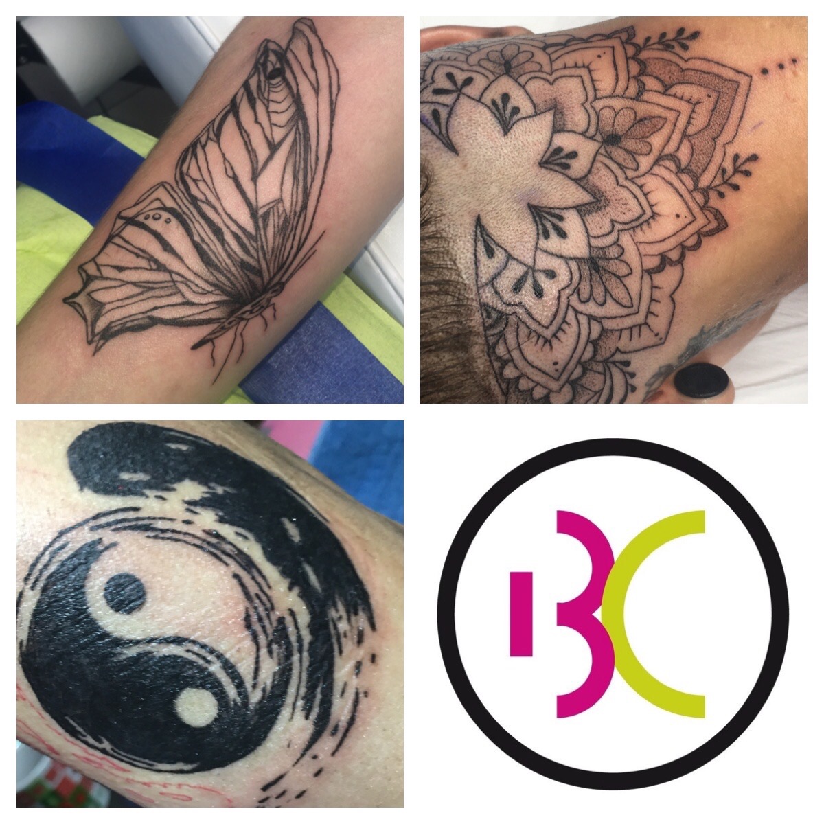 Mozaika czterech zdjęć: tatuaż motyla na ramieniu, mandala na głowie, symbol Yin Yang na skórze oraz logo firmy z fioletowymi i limonkowymi elementami na białym tle.