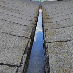 Zalany rów na dachu budynku przemysłowego. Woda odbija błękit nieba. Widoczne plamy mchu na szarych płytach dachowych i komin w oddali.