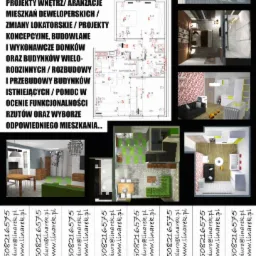 Kolaż prezentujący projekty wnętrz: rzut architektoniczny mieszkania oraz wizualizacje pokoi, w tym sypialni z toaletką, garderoby, pokoju dziecięcego z czarno-białą sofą i łóżeczkiem oraz salonu...