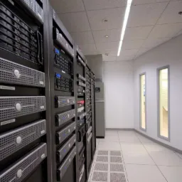 Rząd serwerów Dell w serwerowni z oknami, widok z dołu na urządzenia z niebieskimi diodami.