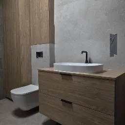 Nowoczesna łazienka z drewnianą szafką pod umywalką, wiszącą toaletą, szarą płytką ścienną i podłogową, widoczne wystające kable elektryczne na ścianie.