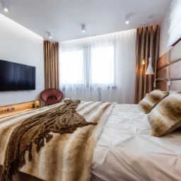 Nowoczesna sypialnia z tapicerowanym zagłówkiem, telewizorem na ścianie i dekoracyjną niszą z oświetleniem, uzupełniona futrzaną narzutą i poduszkami.