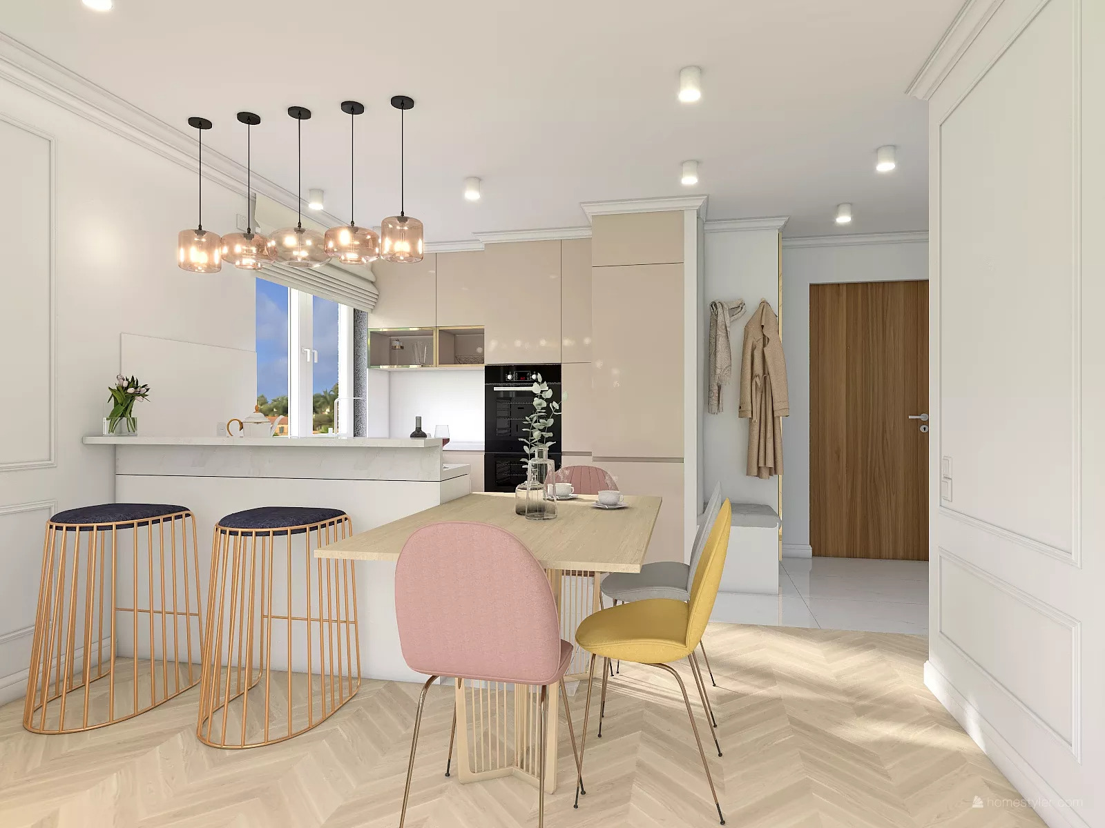Wnętrze nowoczesnej kuchni z jadalnią: beżowe szafki kuchenne, wyspa z hokerami o metalowej konstrukcji, stół z krzesłami w odcieniach różu, szarości i żółci, parkiet w jodełkę, wiszące lampy...
