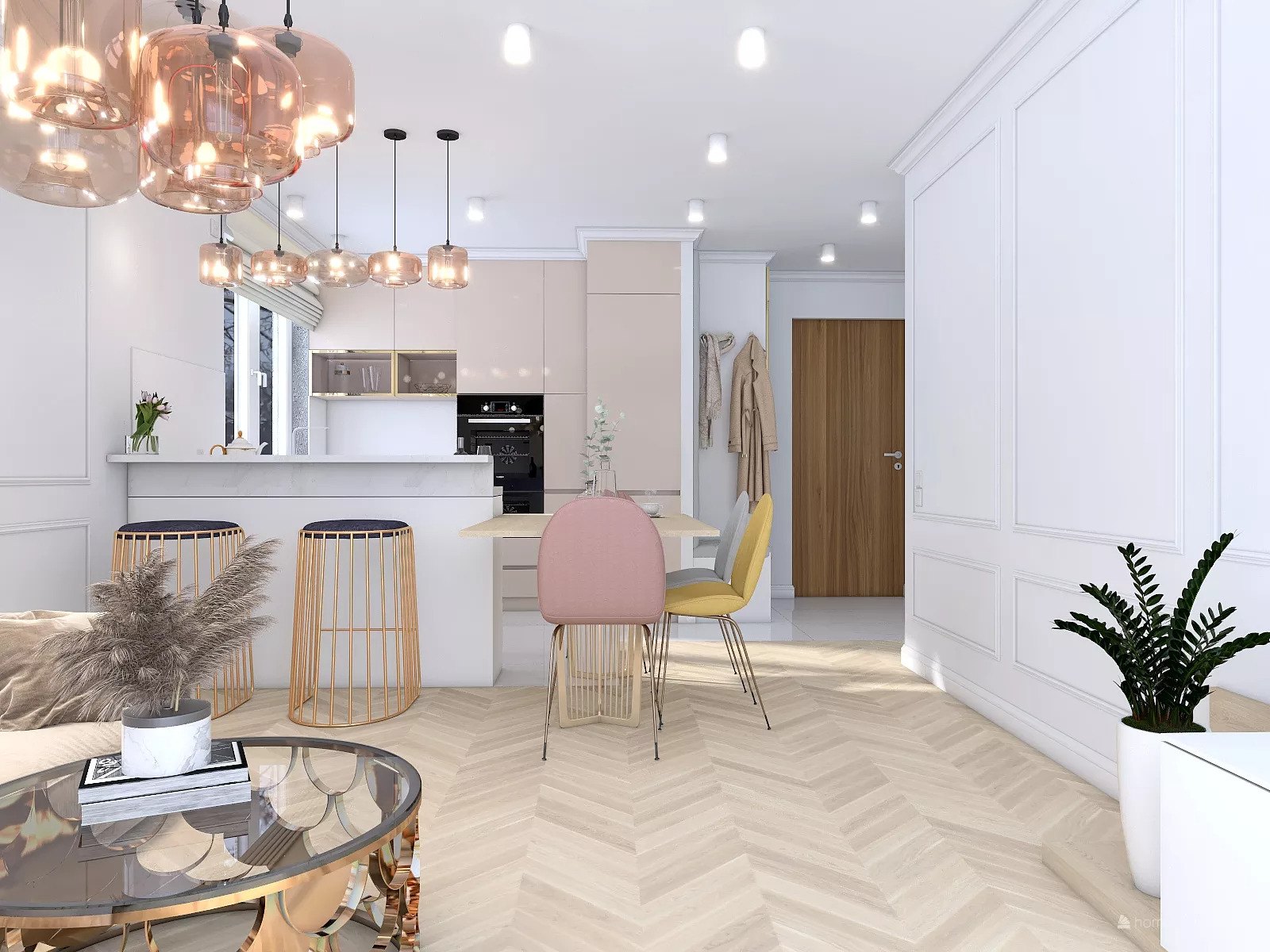 Jasne, przestronne wnętrze z parkietem w jodełkę, wyspą kuchenną z hokerami w kolorze złota, okrągłym stolikiem kawowym z dekoracją oraz różowym krzesłem przy stole jadalnym, oświetlone wiszącymi...