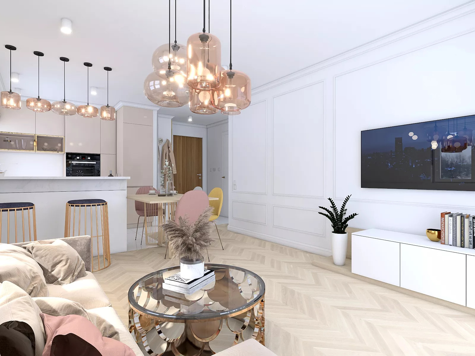 Jasne wnętrze mieszkania z parkietem w jodełkę, szklanym stolikiem kawowym, beżową sofą, aneksem kuchennym z hokerami i jadalnią z różowymi krzesłami, oświetlone wiszącymi lampami.