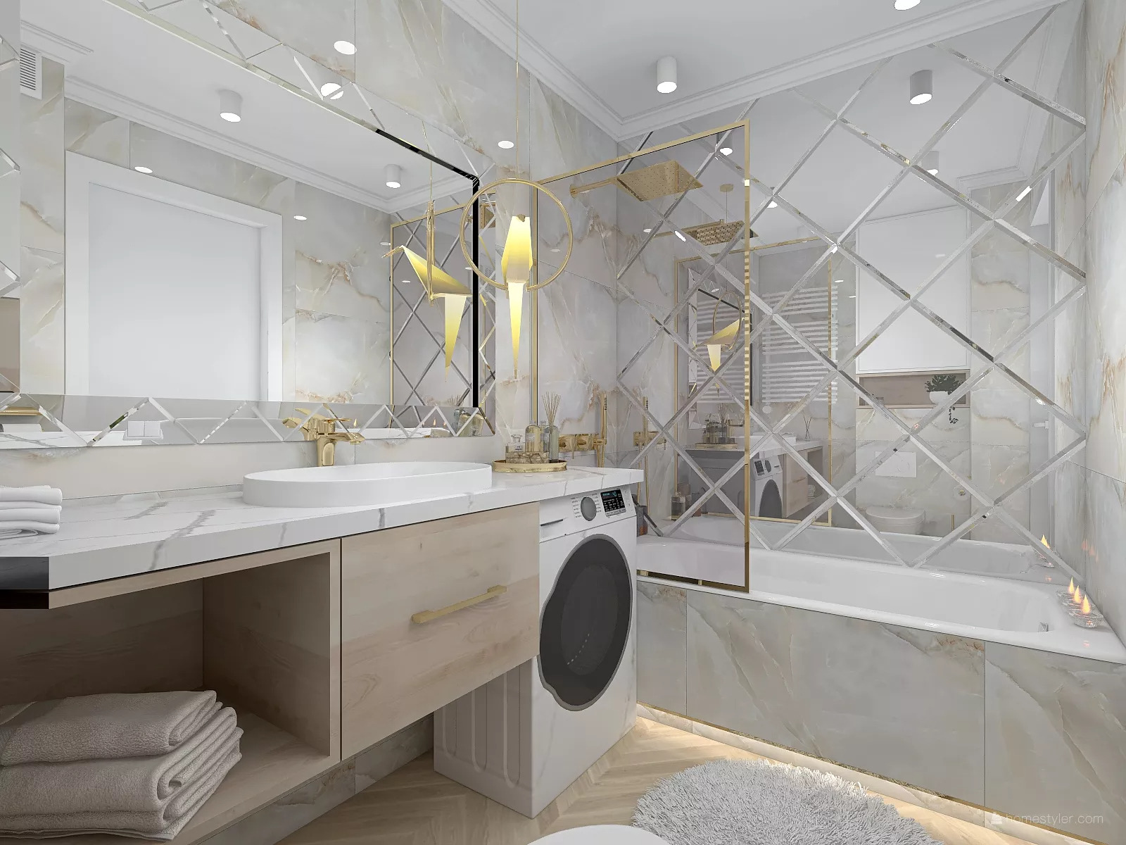 Elegancka łazienka z marmurowymi ścianami, lustrami w kształcie rombów, złotą armaturą i pralką w zabudowie, oświetlona designerską lampą w kształcie ptaków.