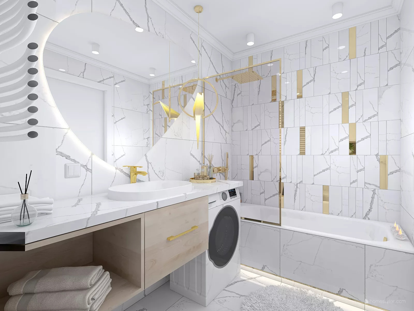 Nowoczesna łazienka z marmurowymi płytkami, złotymi akcentami i owalnym lustrem z podświetleniem LED, pralka w zabudowie obok wanny.