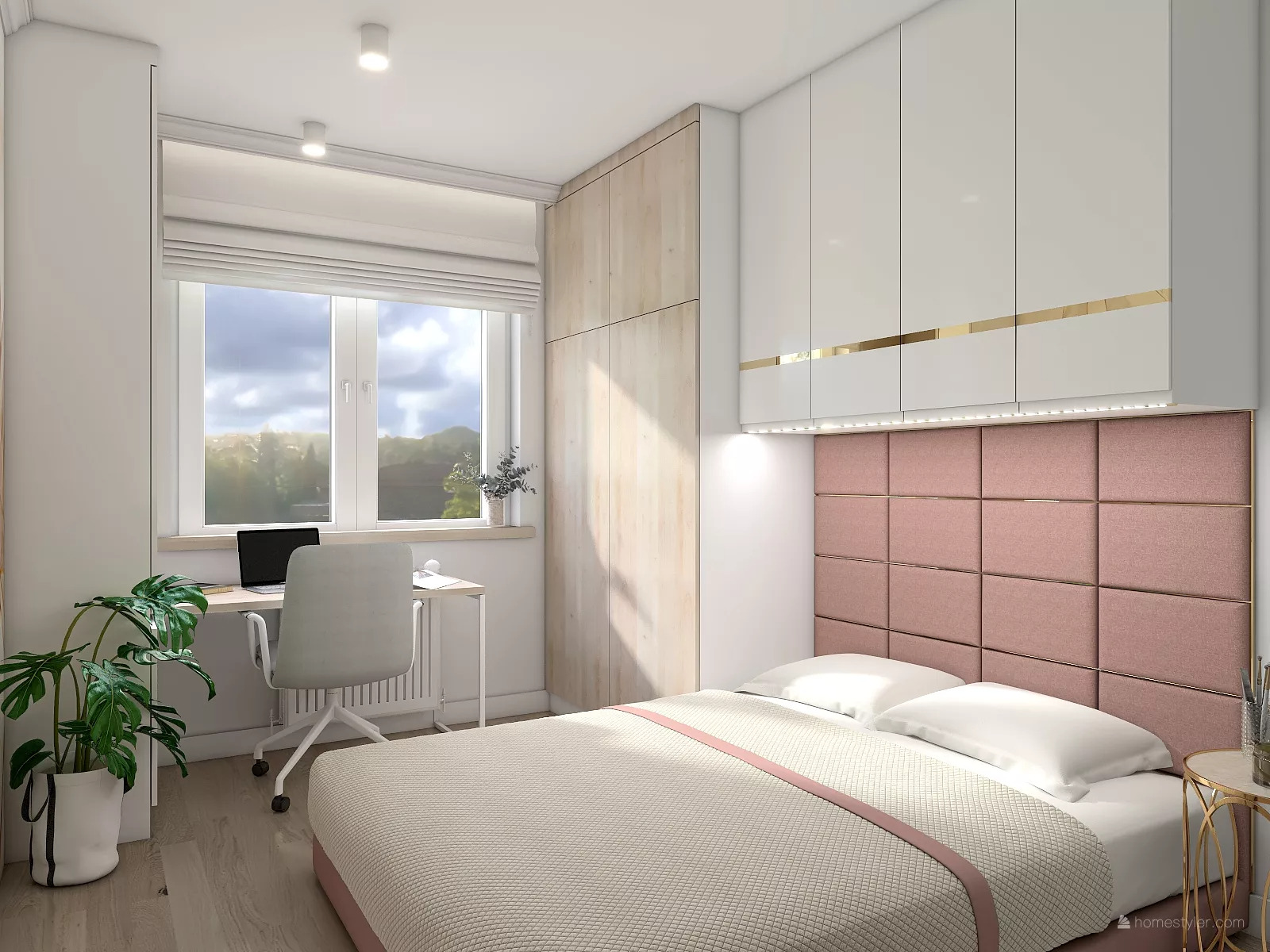Wizualizacja sypialni z biurkiem przy oknie, łóżkiem z różowym zagłówkiem i białymi szafkami z elementami w kolorze złota.