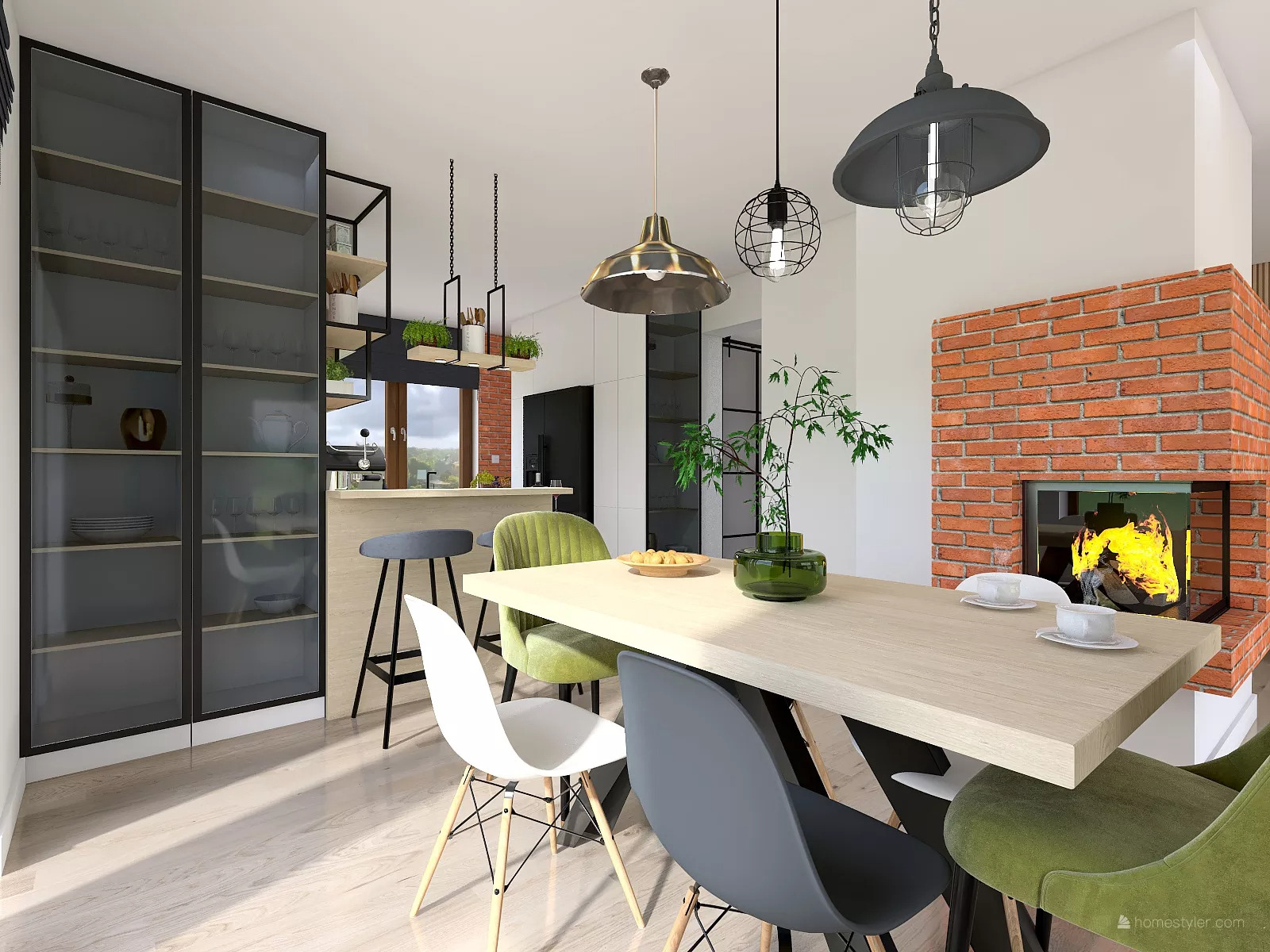 Wizualizacja jadalni z kominkiem z cegły, drewnianym stołem otoczonym krzesłami w odcieniach szarości i zieleni, oraz przeszkloną witryną na naczynia i dekoracje, oświetloną wiszącymi lampami.